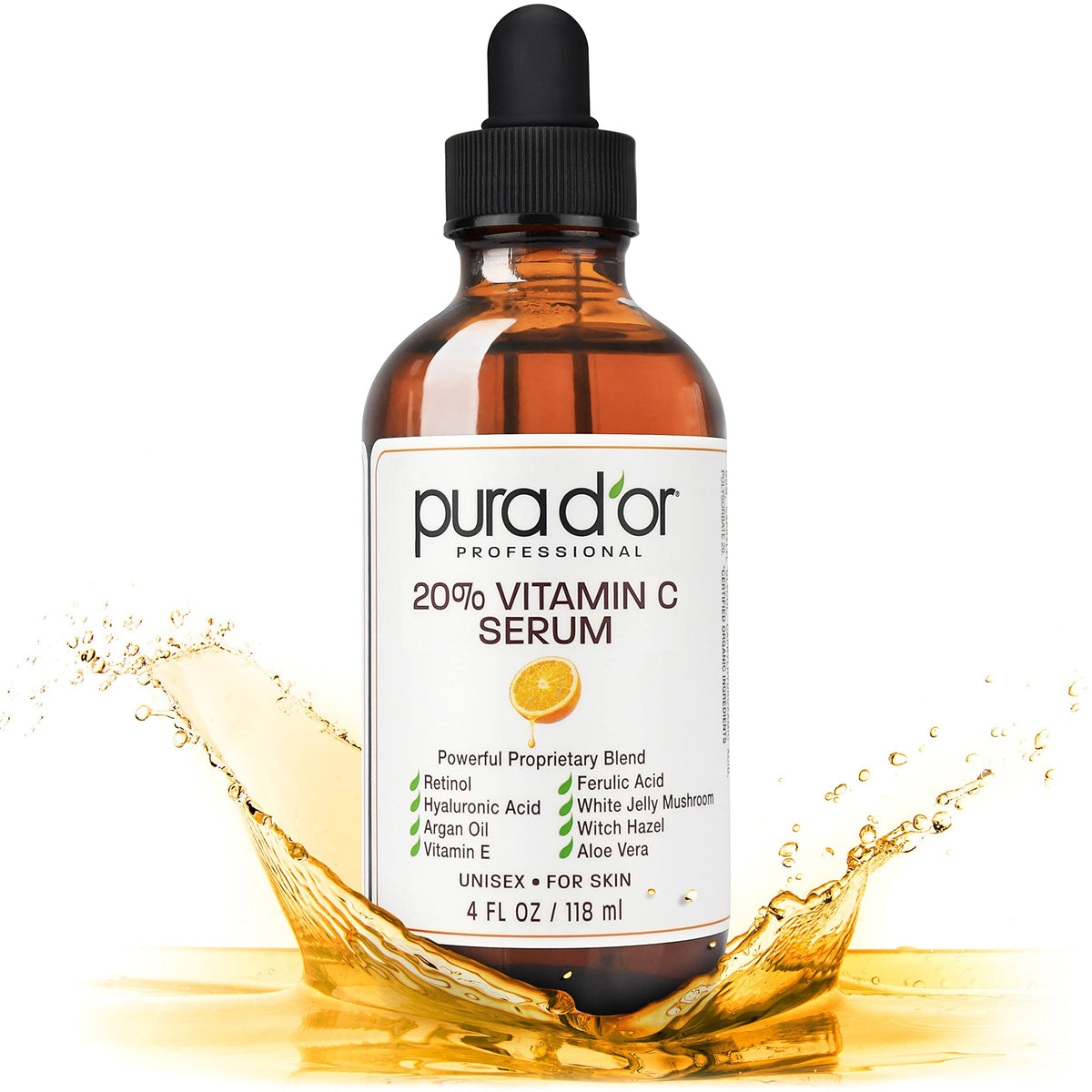 Pura D'Or Vitamin C Serum 20% - 4 Oz Lightweight Anti-Aging Formula For Face & Eyes