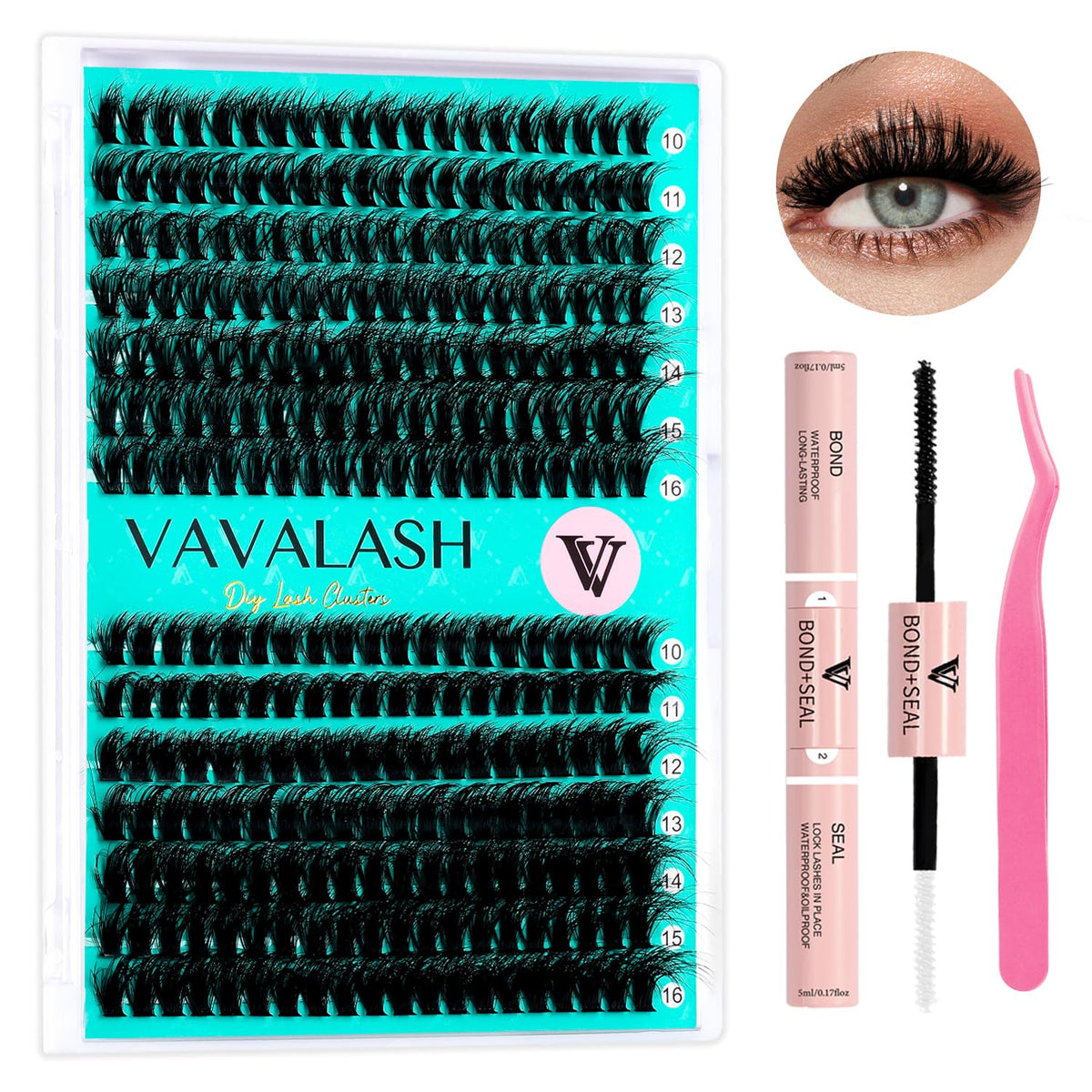 VAVALASH Lash Clusters Kit 40D+60D, 10-16mm Wispy Volume Lashes, Bond &