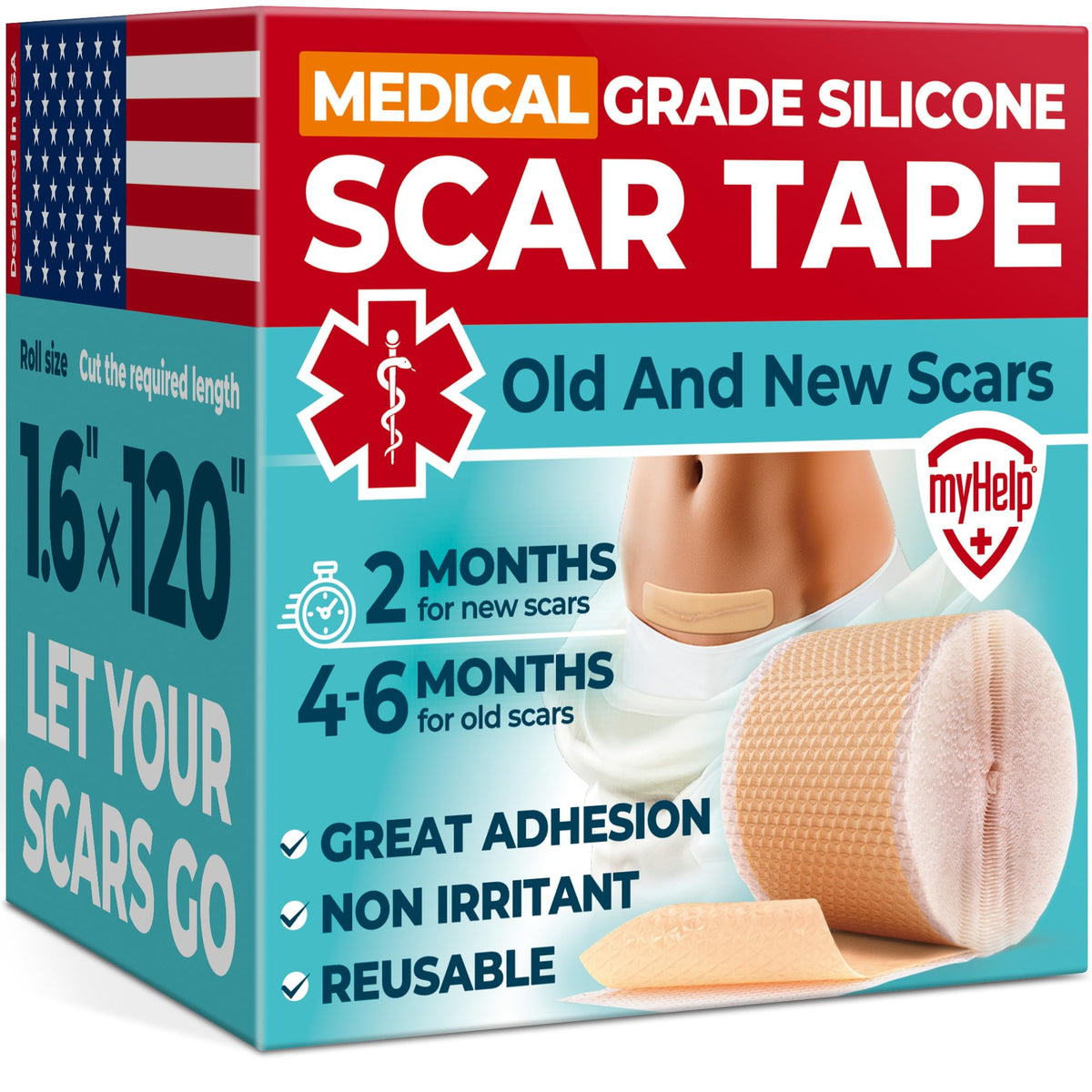 Myhelp Medical Grade Silicone Scar Tape 1.6”X120” - Reusable For Surgical & Keloid Scars