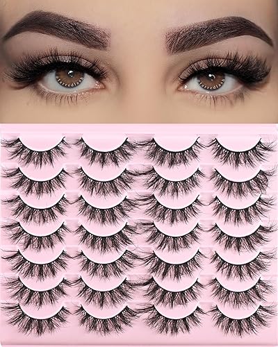 FARRED Cat Eye Lashes 15mm Fluffy Wispy 14 Pairs Natural Fake Eyelashes, Black Silk Faux Mink