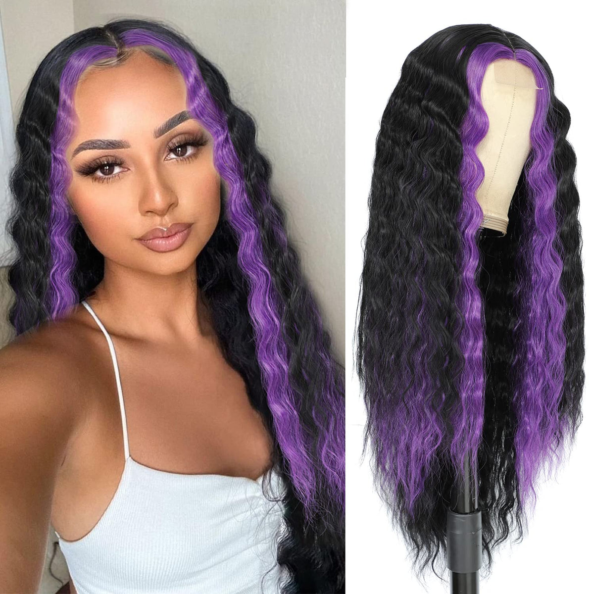 Clione 28&quot; Skunk Deep Wave Wig With Purple Highlights - Synthetic Curly Lace Front For Parties