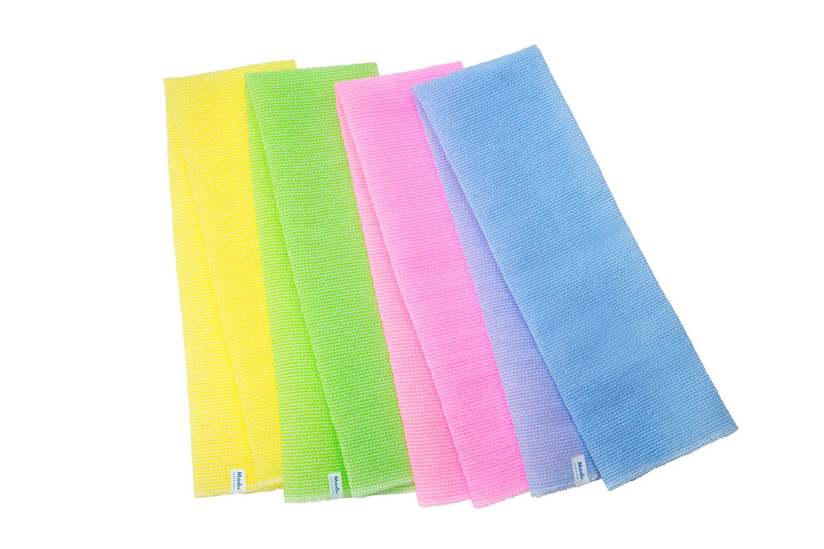 Modu Exfoliating Washcloths - 4 Pack Nylon Bath Cloths In Green, Blue, Yellow, Pink