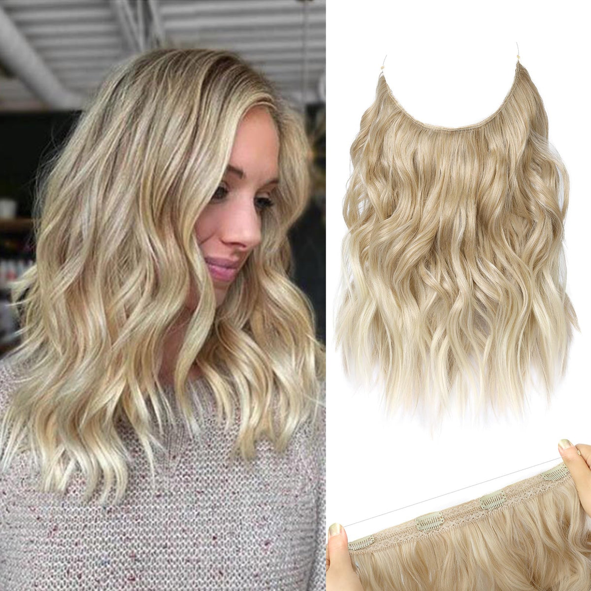 REECHO 12&quot; Invisible Wire Hair Extensions, Dark Blonde with Light Blonde Ends, Wavy Hairpiece