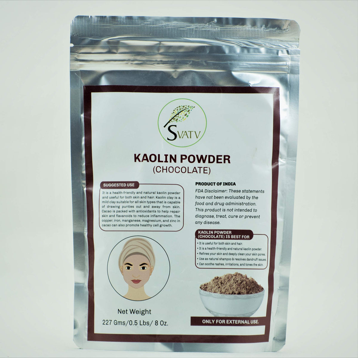 Svatv Kaolin Clay Chocolate Face Mask & Spa Mud, 8Oz Natural Powder For Skin & Hair