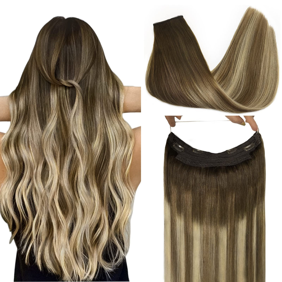 GOO GOO 12&quot; Wire Hair Extensions - Balayage Walnut to Ash Brown & Bleach Blonde Human Hair