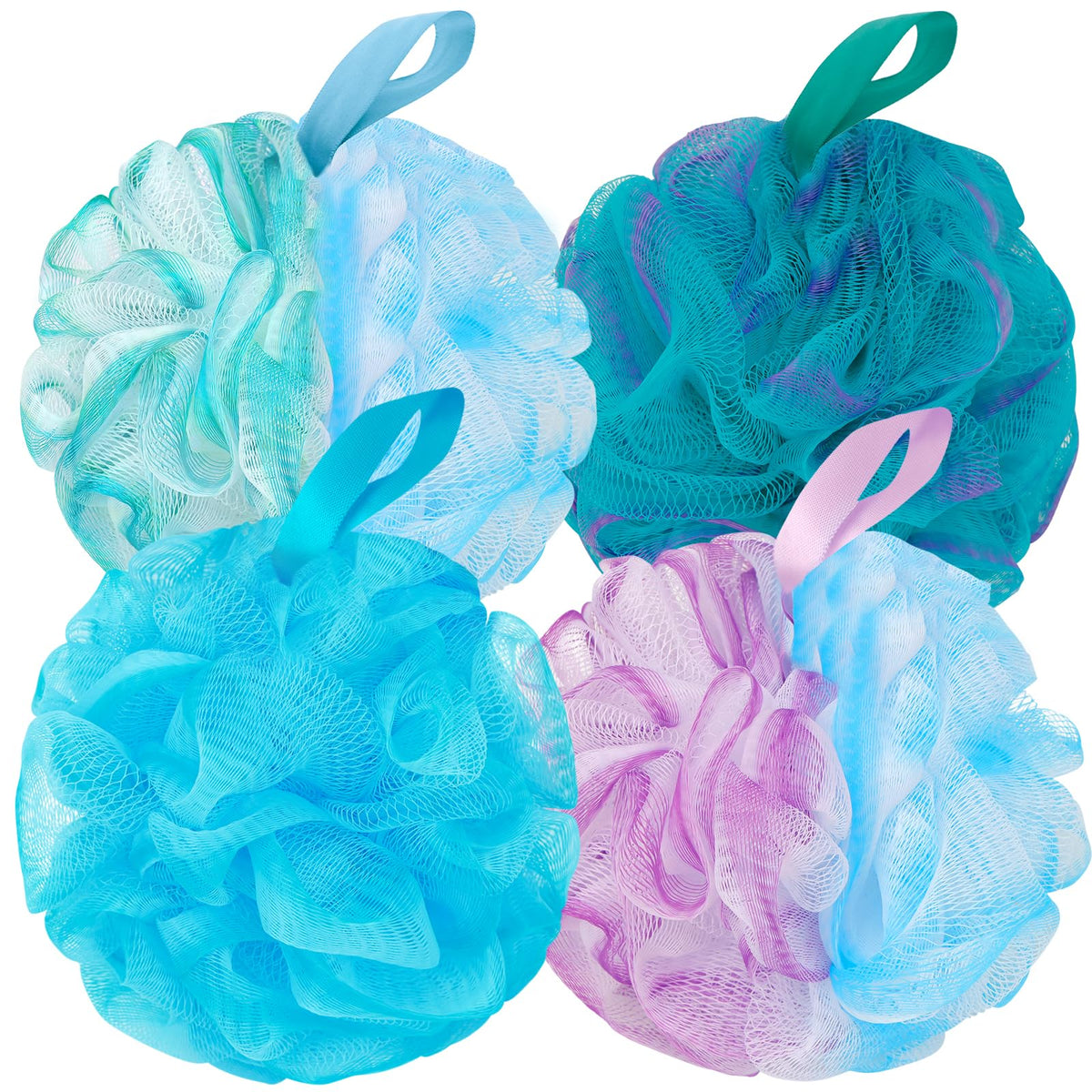 Bckeney Bath Loofah Sponge Set - Exfoliating Shower Puff, Soft Mesh, 4 Pack For Men & Women