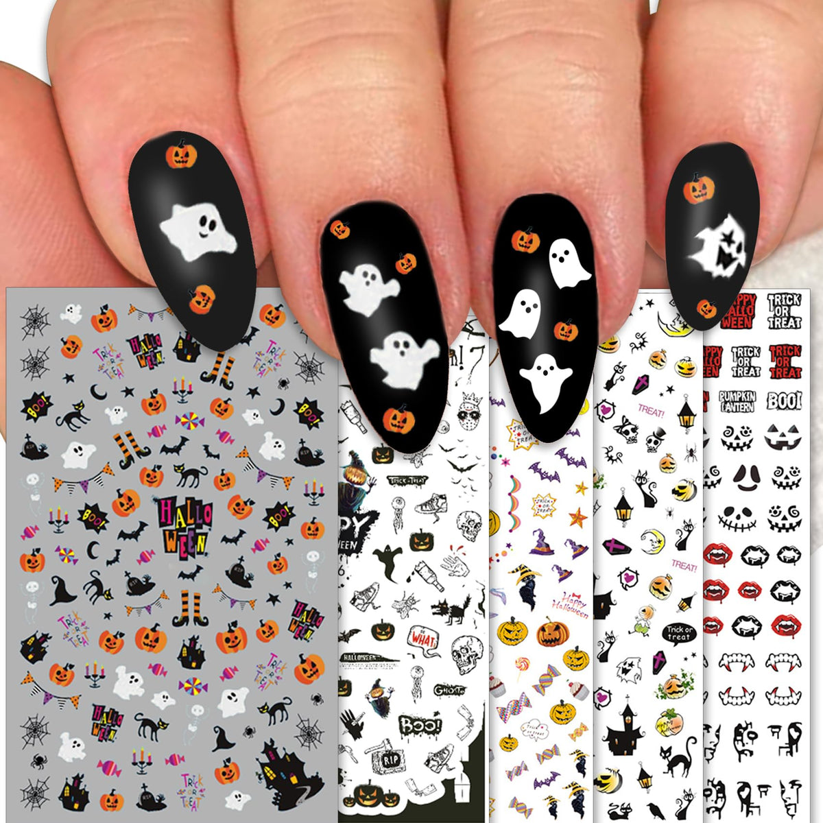 Tailaimei Halloween Nail Decals - 1500 Pcs Self-Adhesive Stickers, 12 Sheets For Diy Nail Art