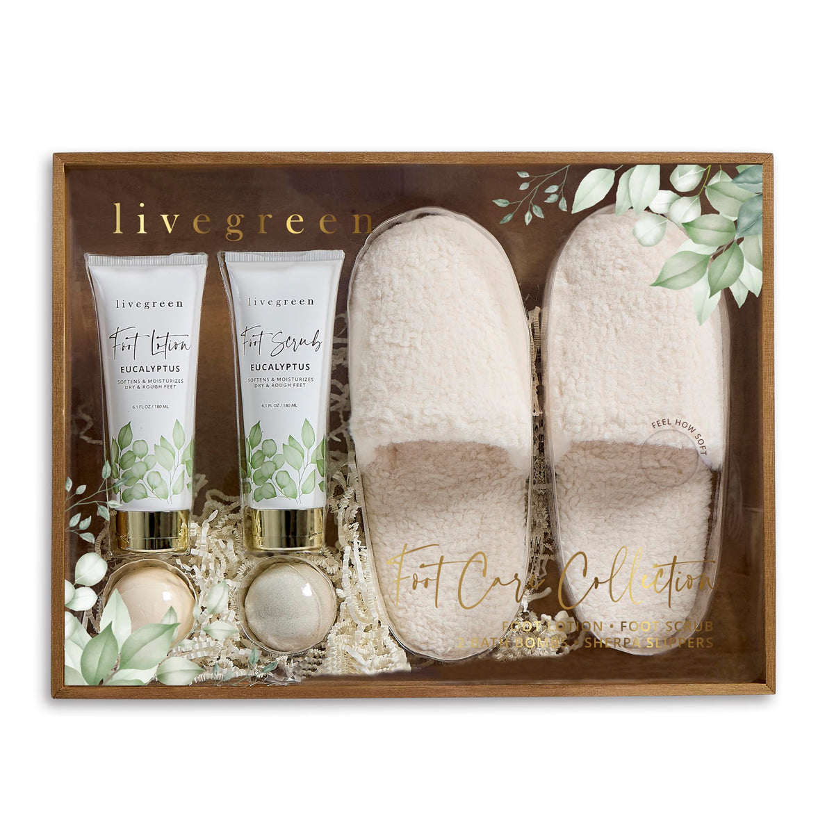 Live Green Eucalyptus Foot Care Collection - Spa Set With Slippers, Lotion, Scrub & Bath Bombs