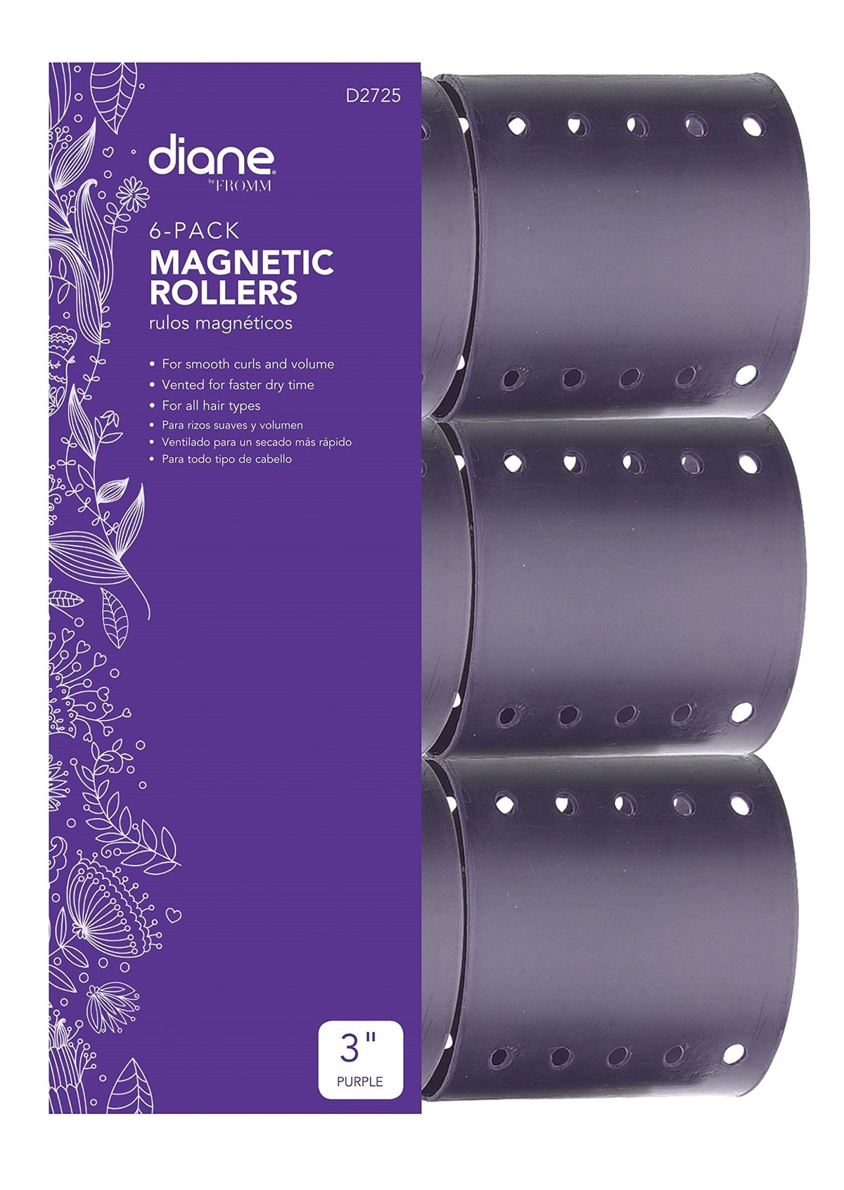 Diane Purple Magnetic Hair Rollers, 3 Inch, Unbreakable, Curls & Holds Hair in Place, Pack of 6