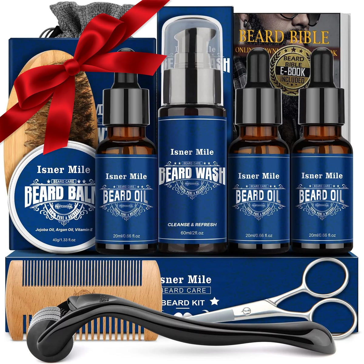 Isner Mile Beard Grooming Kit - Oil, Balm, Brush, Wash, Comb, Scissors, E-Book - Perfect Gift For