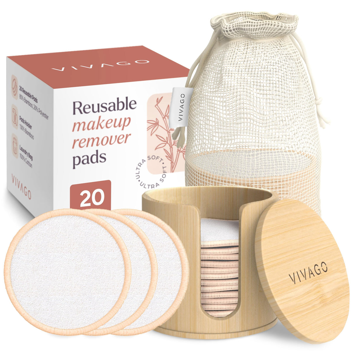 Vivago Reusable Cotton Rounds - 20 Pack Makeup Remover Pads With Laundry Bag & Bamboo Holder