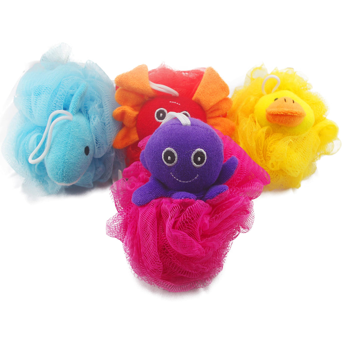 Mr.Cui'Shop Loofah Exfoliating Shower Sponge Pouf With Animal Toys - 4 Pack For Kids