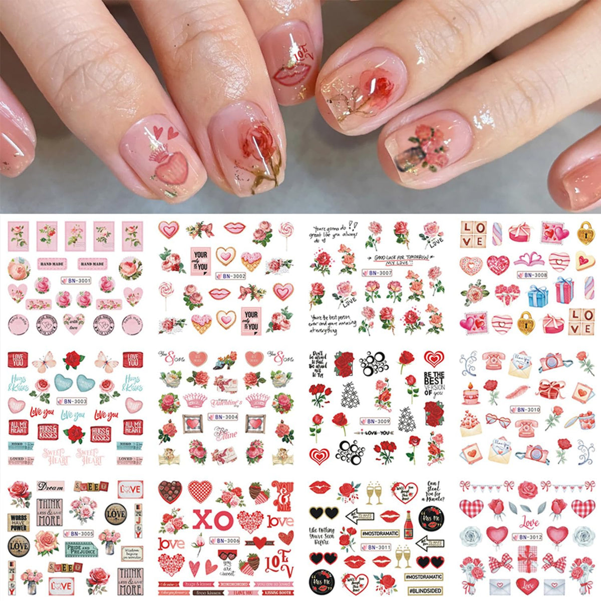 Sutaozhi 12 Sheets Valentine'S Day Nail Art Stickers - Heart Water Transfer Decals, Romantic Design