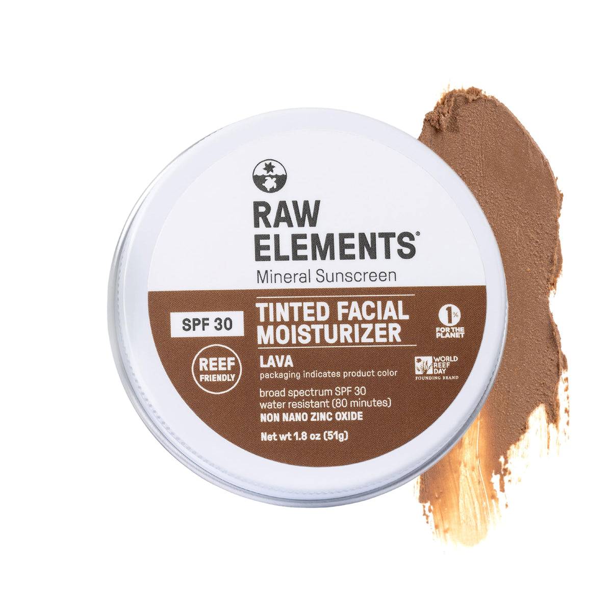 Raw Elements Ultra-Moisturizing Tinted Face Cream Spf 30, Non-Toxic, Reef Friendly, Lava 1.8