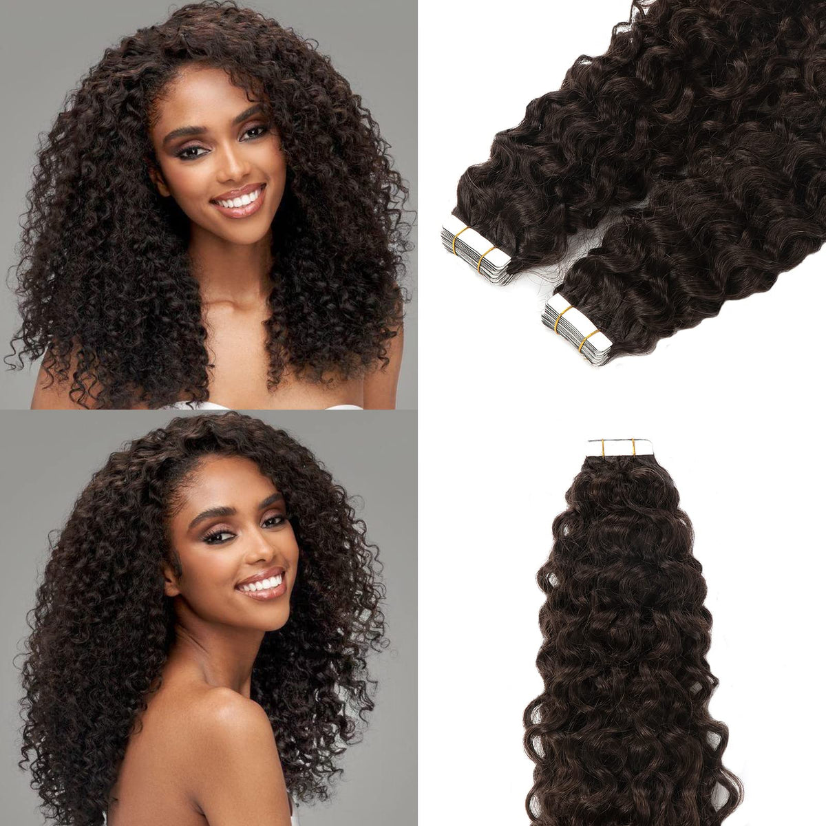 Loxxy 18&quot; Curly Hair Extensions Tape In Human Hair Darkest Brown 100G Remy 40Pcs