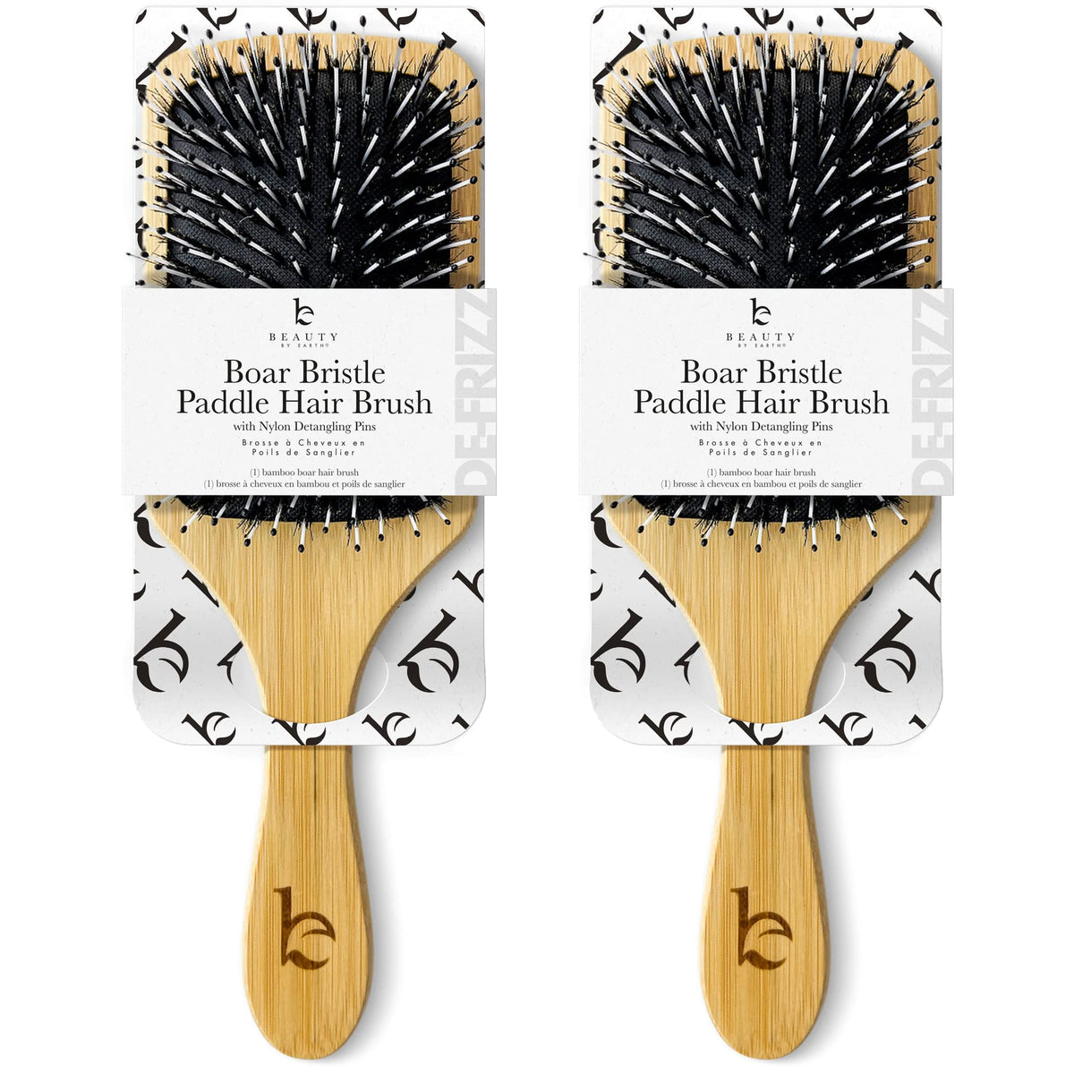 Beauty By Earth Boar Hair Brush For Fine & Thick Hair - Paddle Brush, Pack Of 2, Bamboo Material