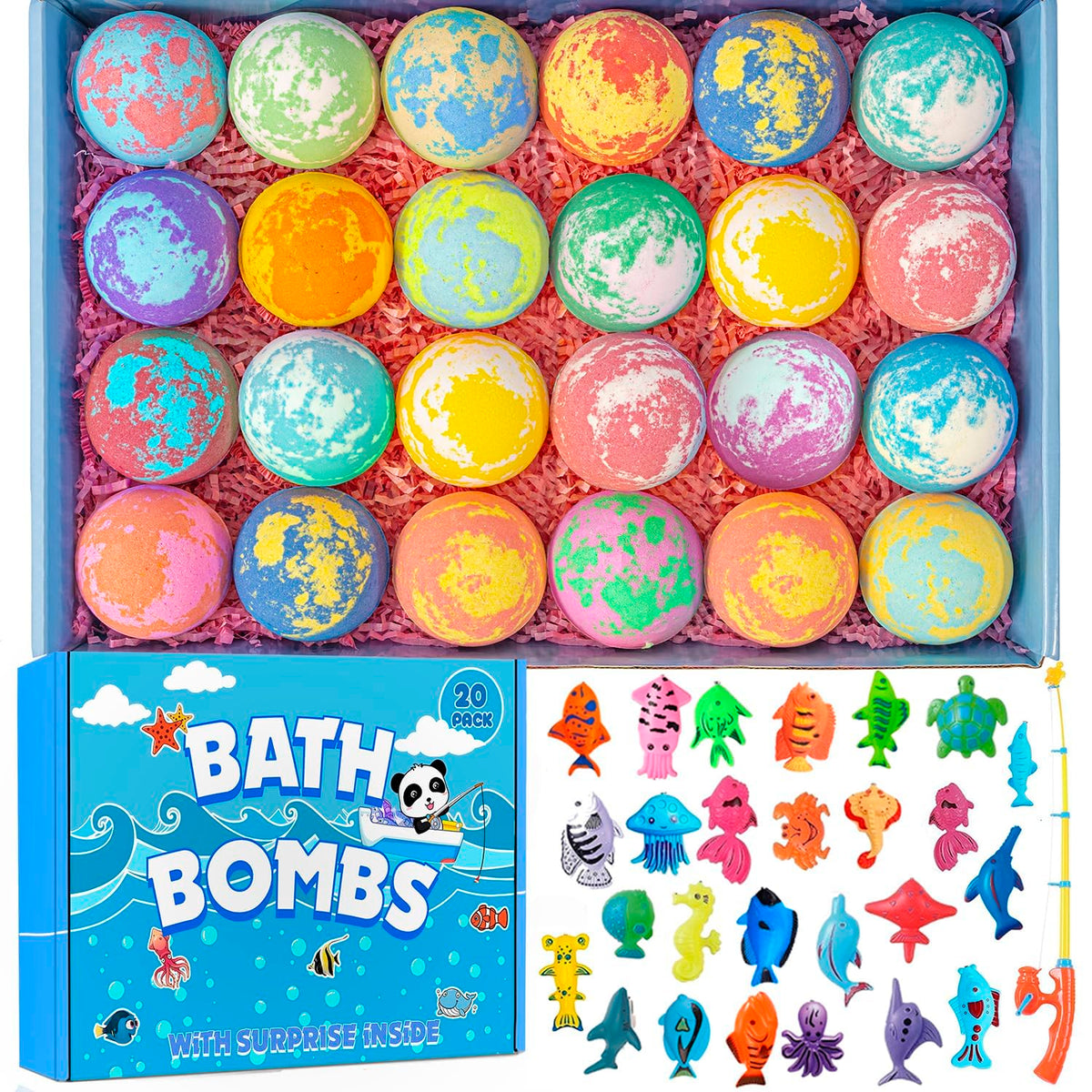 Kims Cosiart Bath Bombs For Kids - 20 Handmade Fizzies With Surprise Fishing Games, Gift Set