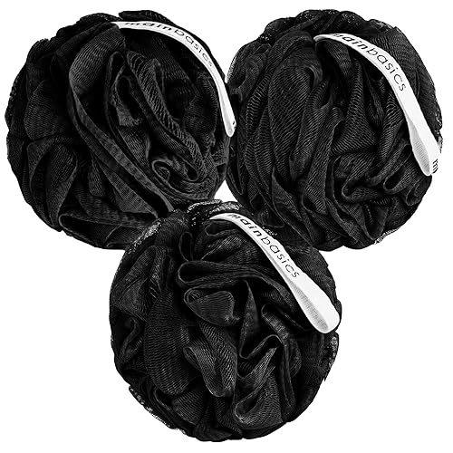 Mainbasics Black Bath Shower Loofah Sponge Pouf Exfoliator - Set Of 3, Pe Mesh Body Wash Scrubber