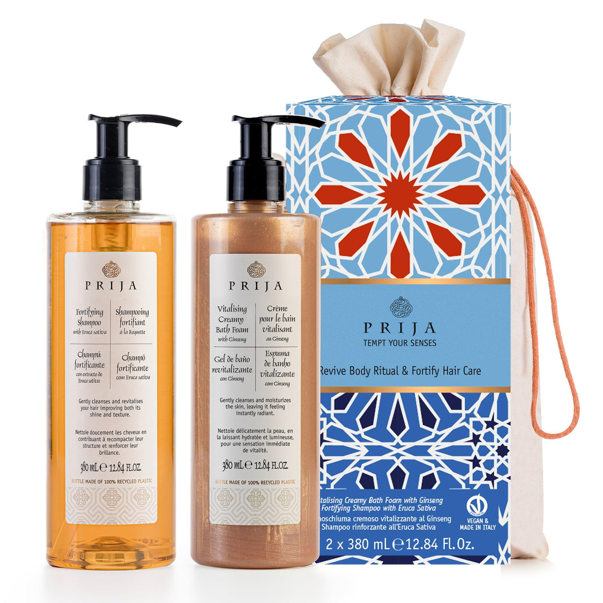 Prija Hair And Body Gift Pack - Vegan, Ginseng Bath Foam & Fortifying Shampoo, 100% Recycled Bottle