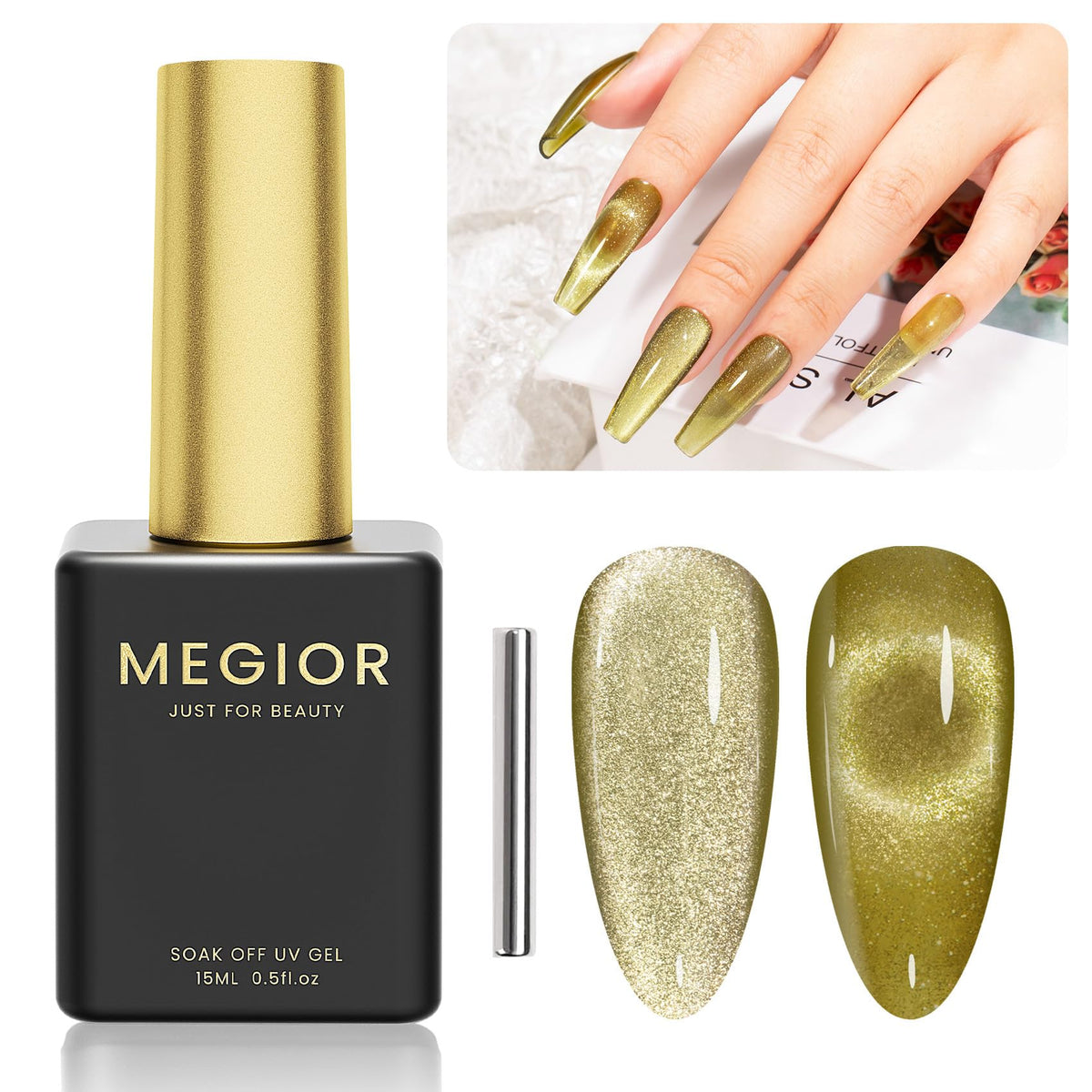 Megior Cat Eye Gel Nail Polish 15Ml Khaki Green Magnetic Holographic Nail Art 0.5 Oz