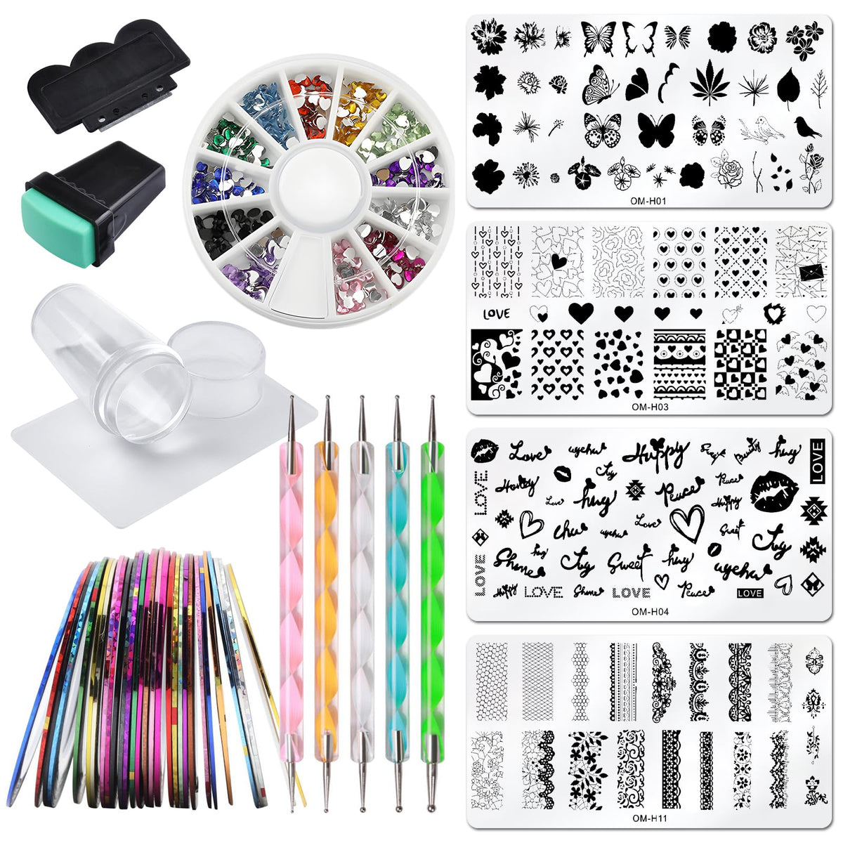 Loveourhome Nail Art Kit - 22Pc Flower & Animal Stamping, Rhinestones & Dotting Pens