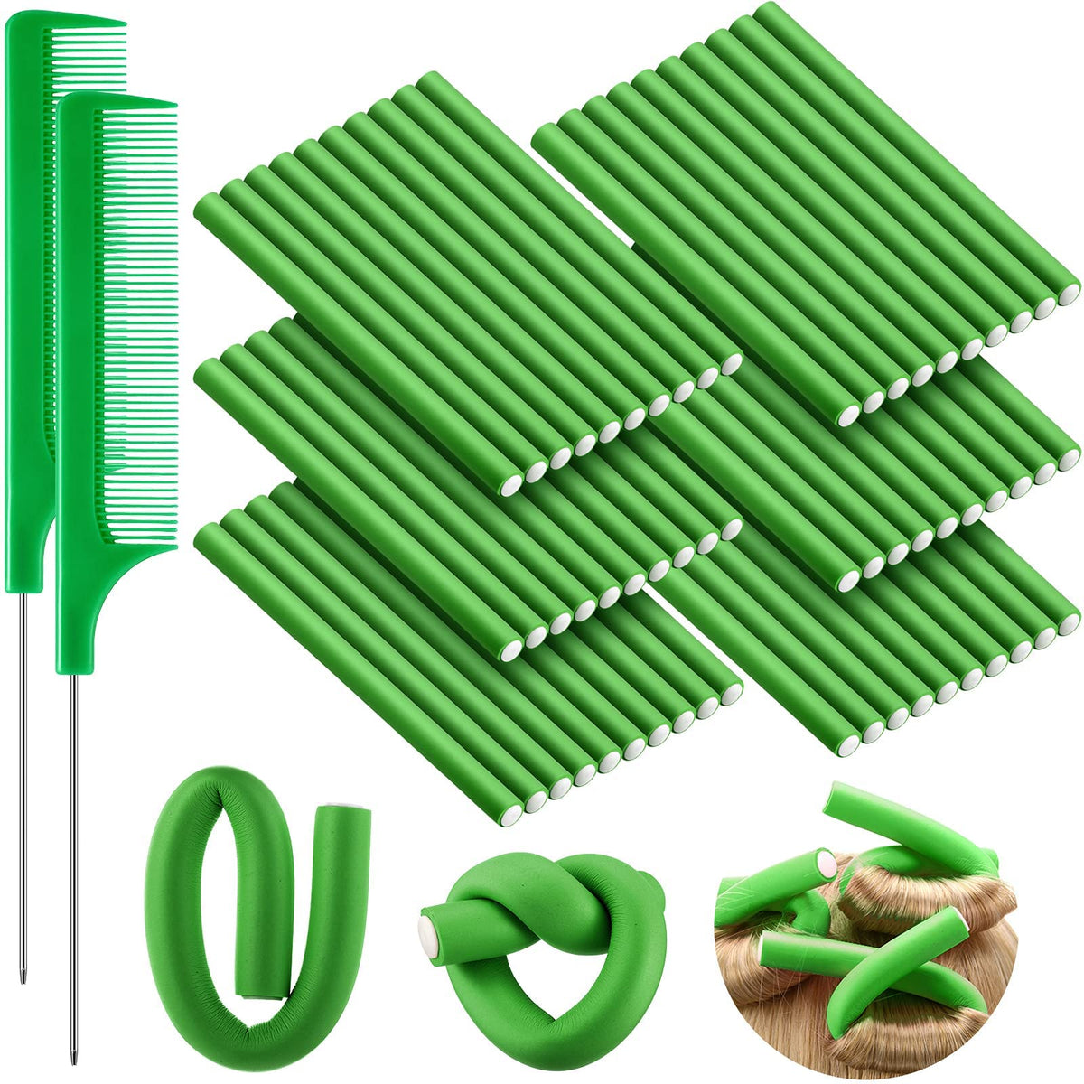 WILLBOND 60 Pcs Foam Curling Rods, No Heat Hair Rollers, Green, 0.5 x 