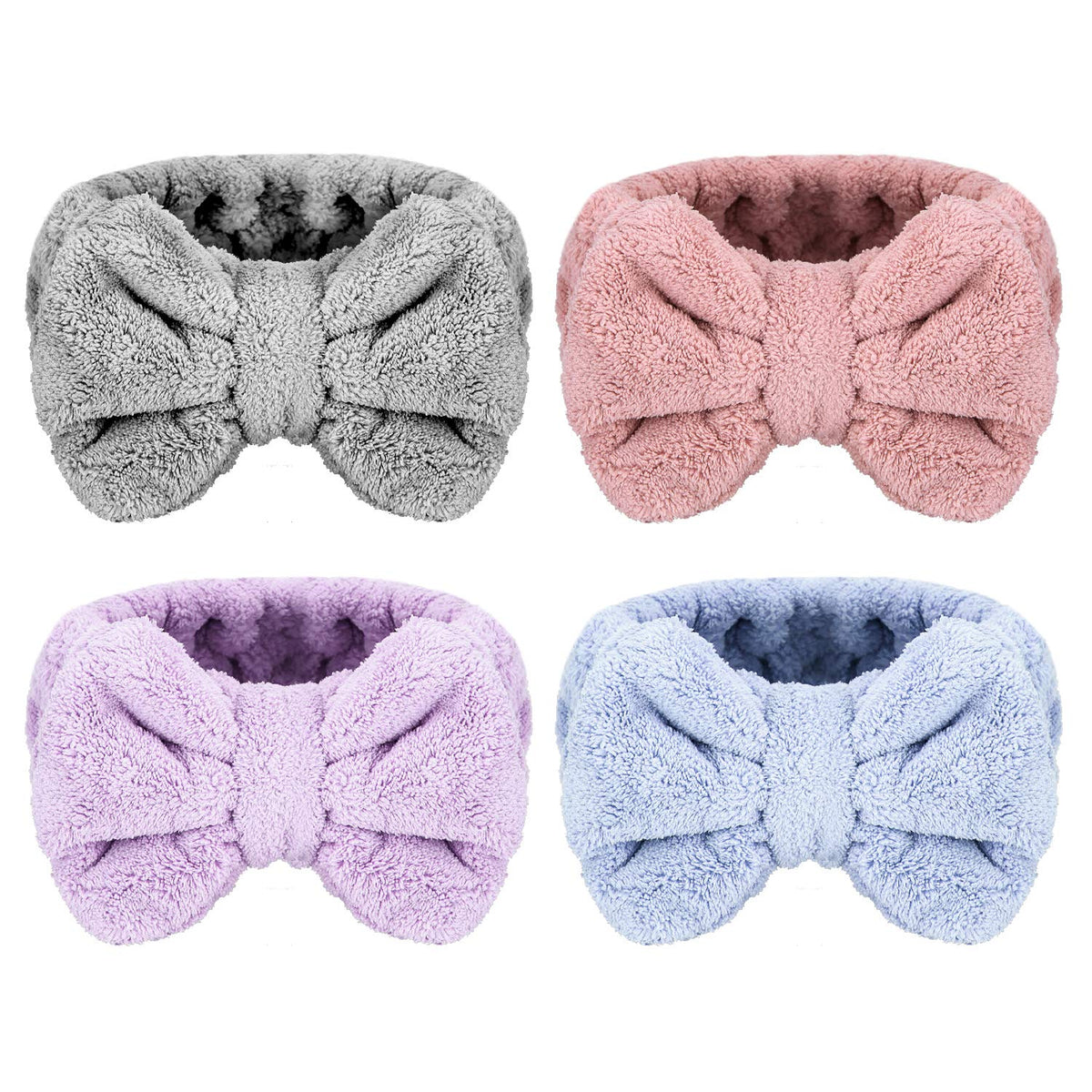 Senkary 4 Pack Microfiber Bow Makeup Headbands For Spa, Bath & Face Washing - Pink, Blue, Purple, Gray