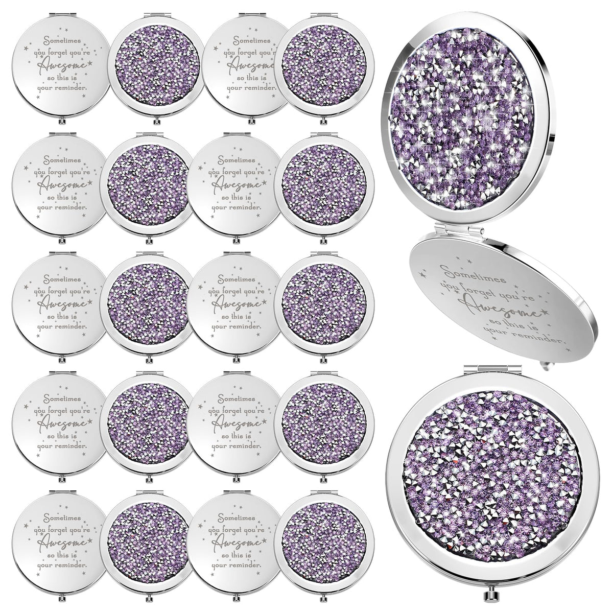 Roowest 20 Pcs Inspirational Compact Mirrors - Light Purple Magnifying Pocket Gifts For Women