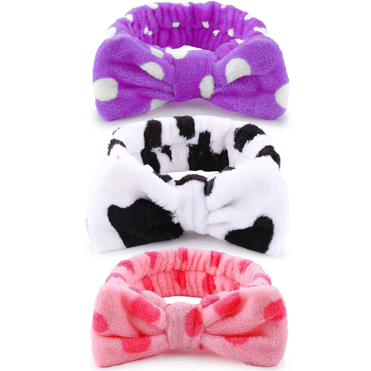 WSYUB Spa Headbands 3PCS for Face Washing & Makeup - Cotton, Pink, Purple, White Dots