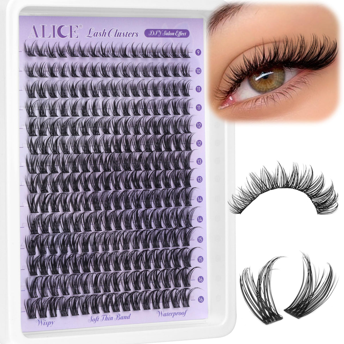 Alice Natural Wispy Lash Clusters 224Pcs D Curl 9-16Mm Waterproof Individual Lashes