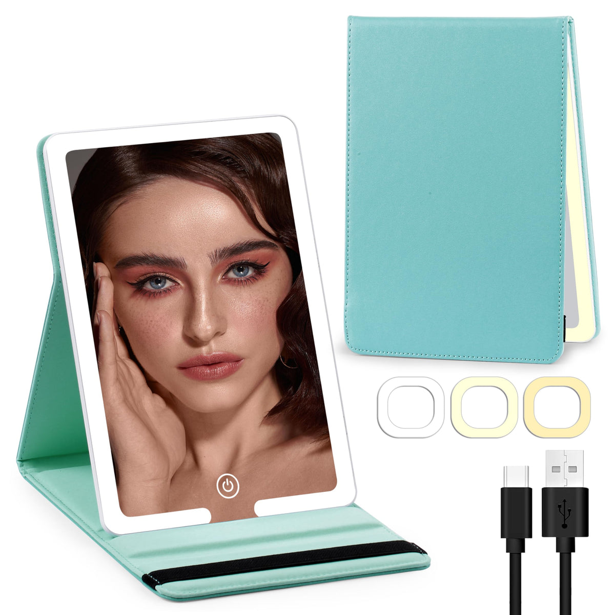 Jadazror Green Lighted Travel Makeup Mirror, Dimmable Touch Screen, Compact & Rechargeable 8X5.5 Inch