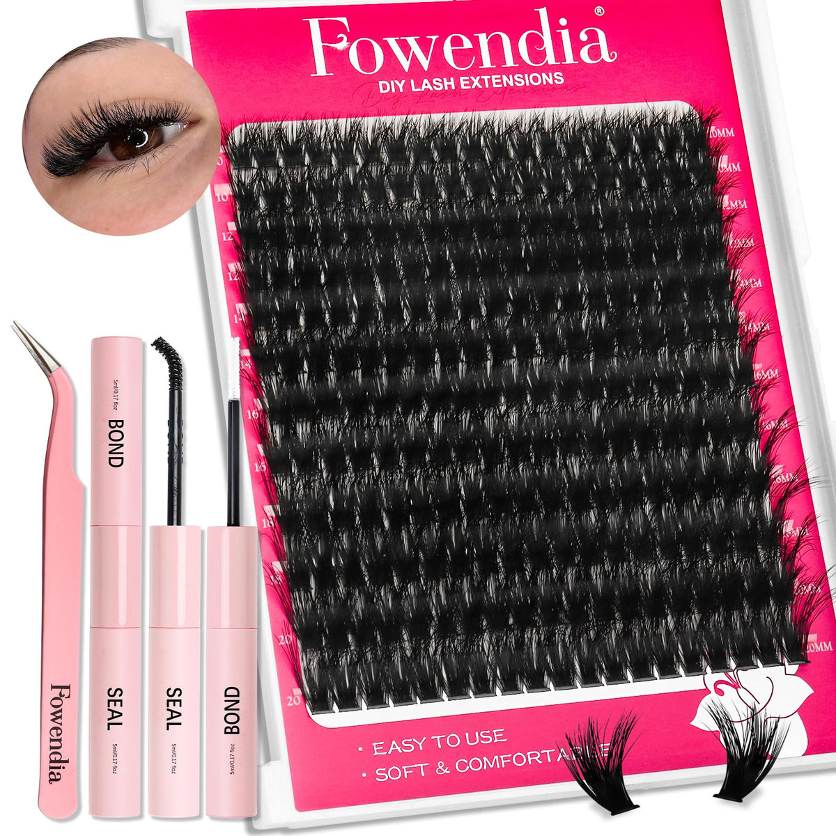 Fowendia 80D Fluffy Lash Clusters Kit - D Curl Faux Mink Eyelash Extensions, Waterproof Bond & Seal