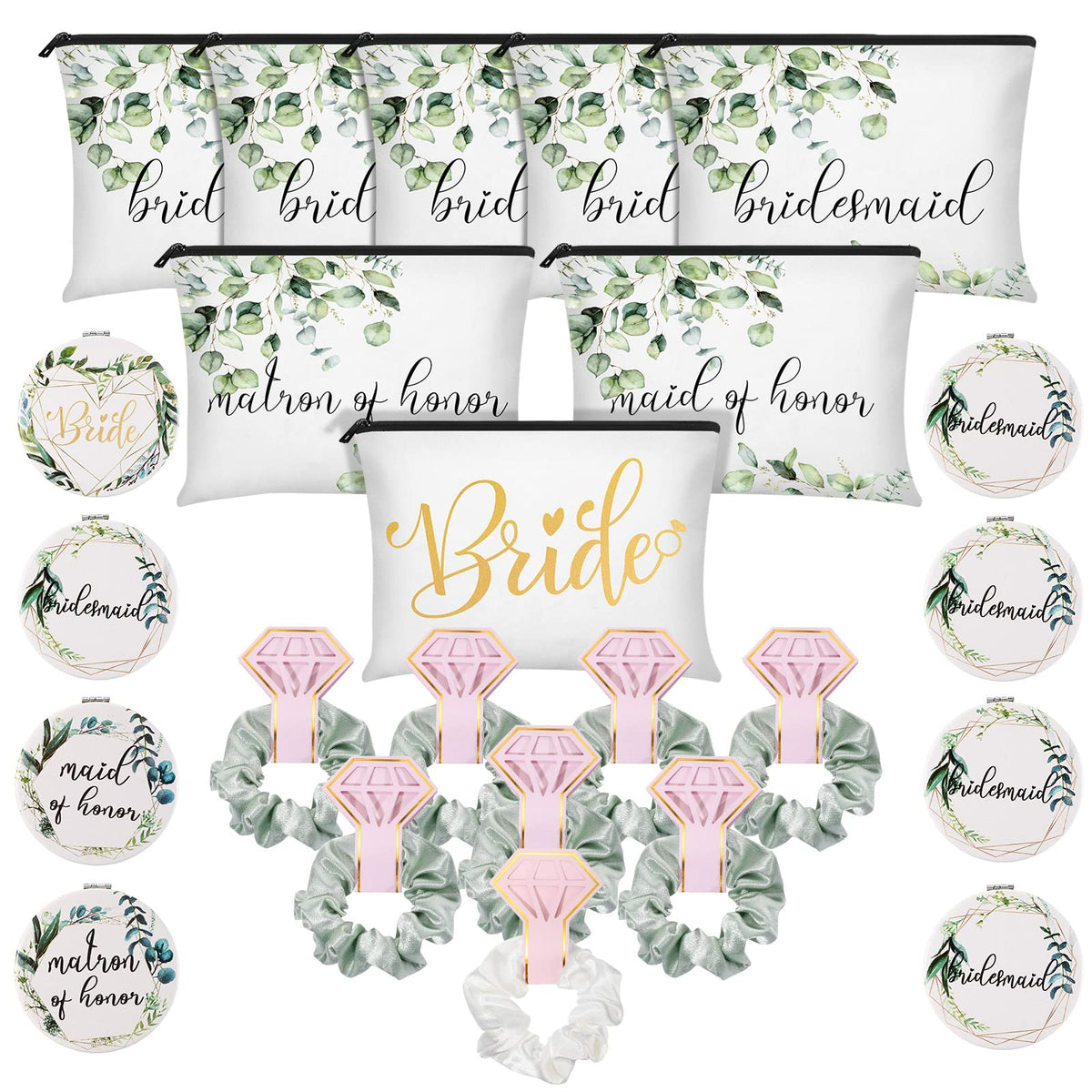 Reginary 24-Piece Bridesmaid Proposal Gift Set - Makeup Bags, Hair Scrunchies & Mirrors, Green Leaves