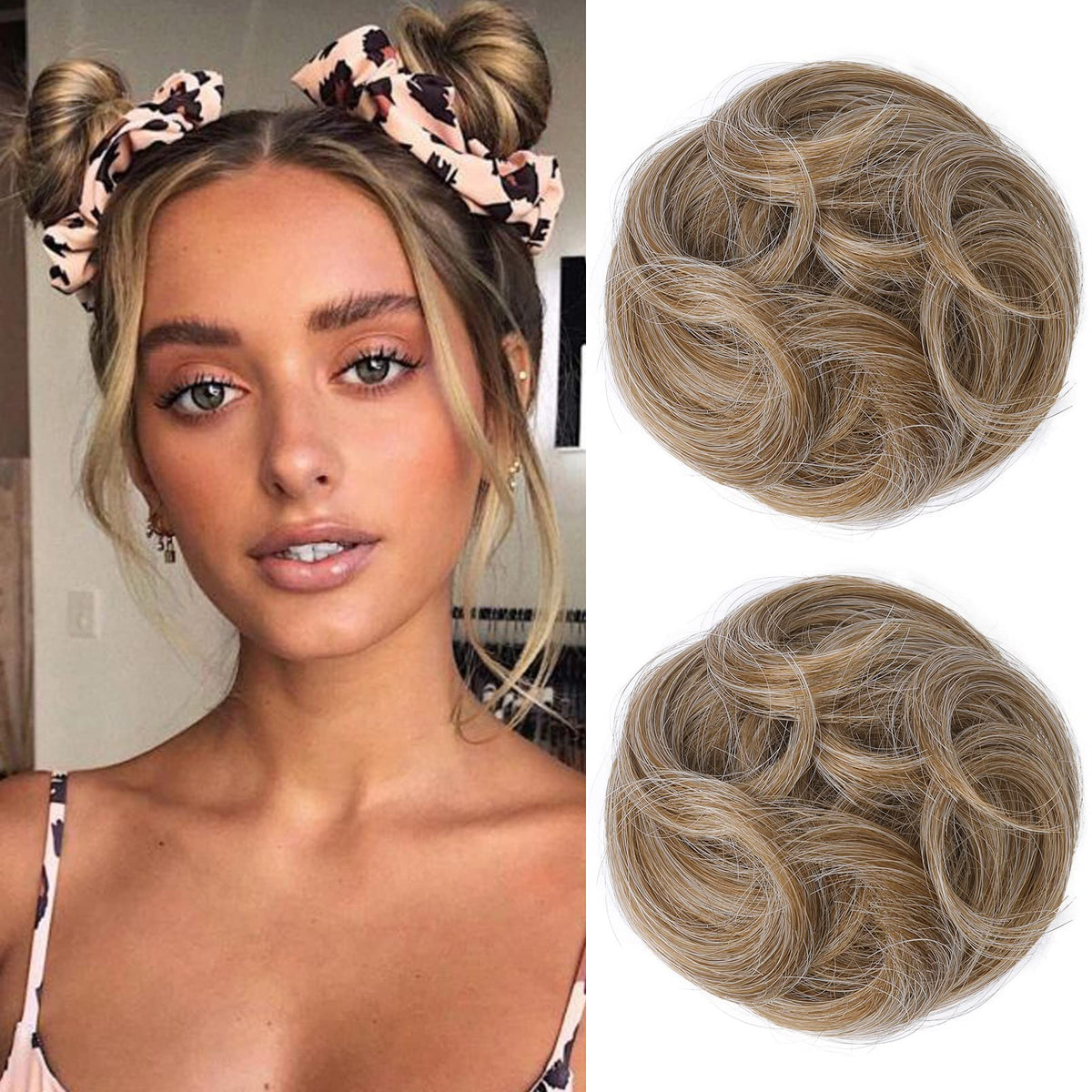 REECHO Dark Blonde Space Bun Hair Pieces - 2 PCS Mini Claw Clip Messy Hair Buns for Women