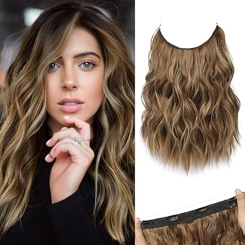 REECHO 12&quot; Invisible Wire Hair Extensions - Light Brown with Blonde Highlights, Adjustable Clips