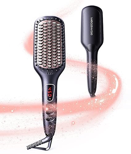 MEGAWISE Pro Ceramic Ionic Hair Straightener Brush - Fast Heating, Auto-Off, Anti-Scald, Black