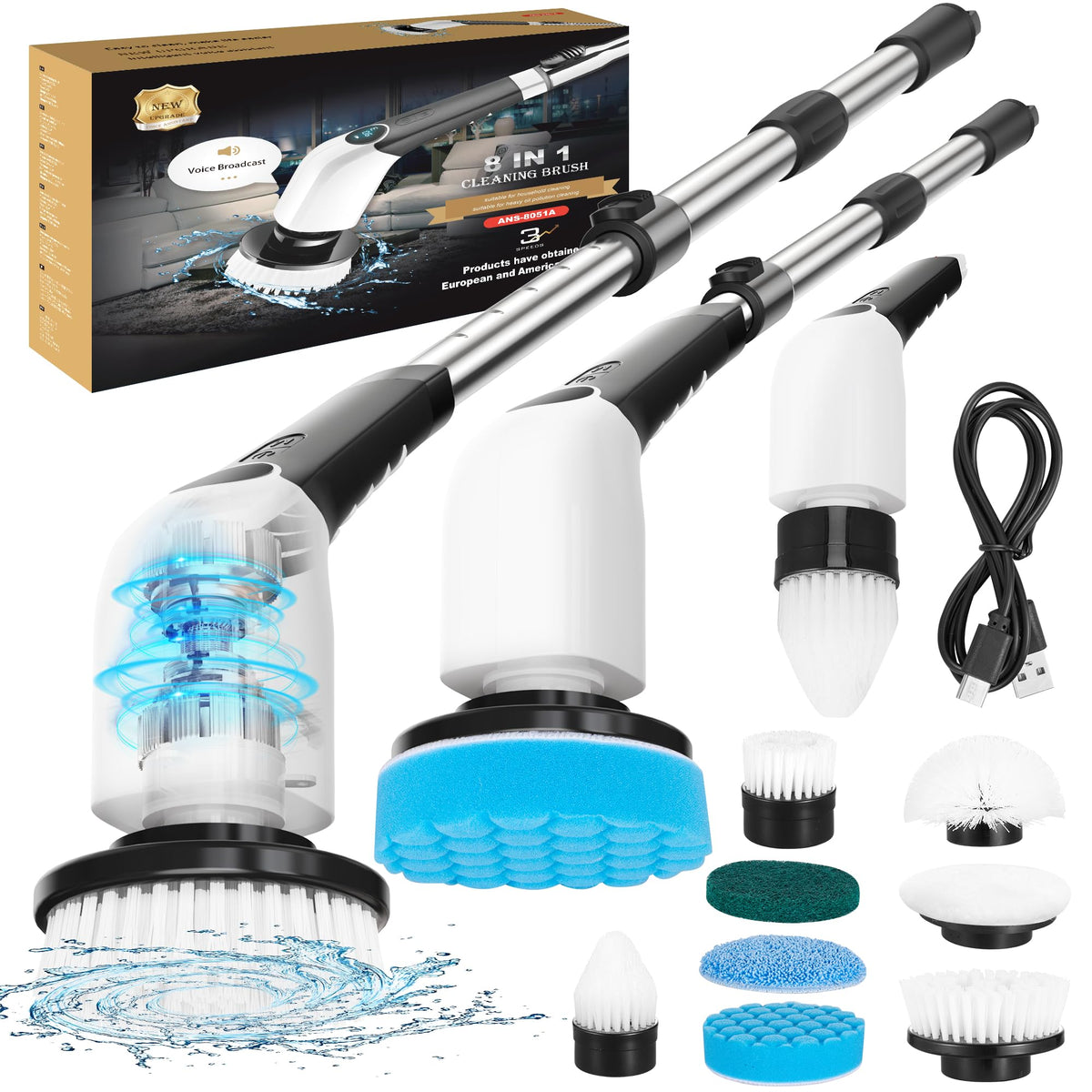 Yeahco Electric Spin Scrubber With 8 Brush Heads & Long Handle - Cordless Bathroom Cleaner