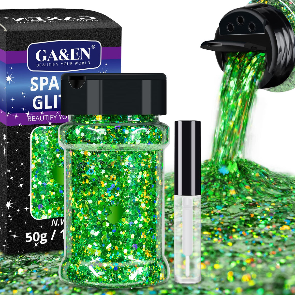 GA&EN Holographic Green Chunky Glitter 50g - Multi-Shapes for Body, Face, Hair & Resin Projects