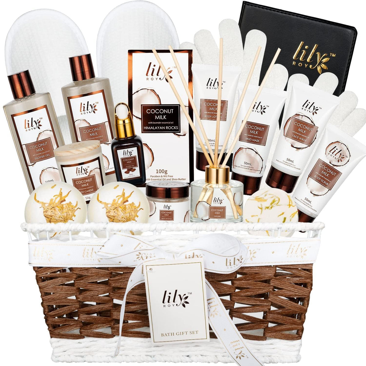 Lily Roy Spa Gift Basket Set - 18Pcs Bath & Body Kit For Men & Women, Coconut Scented