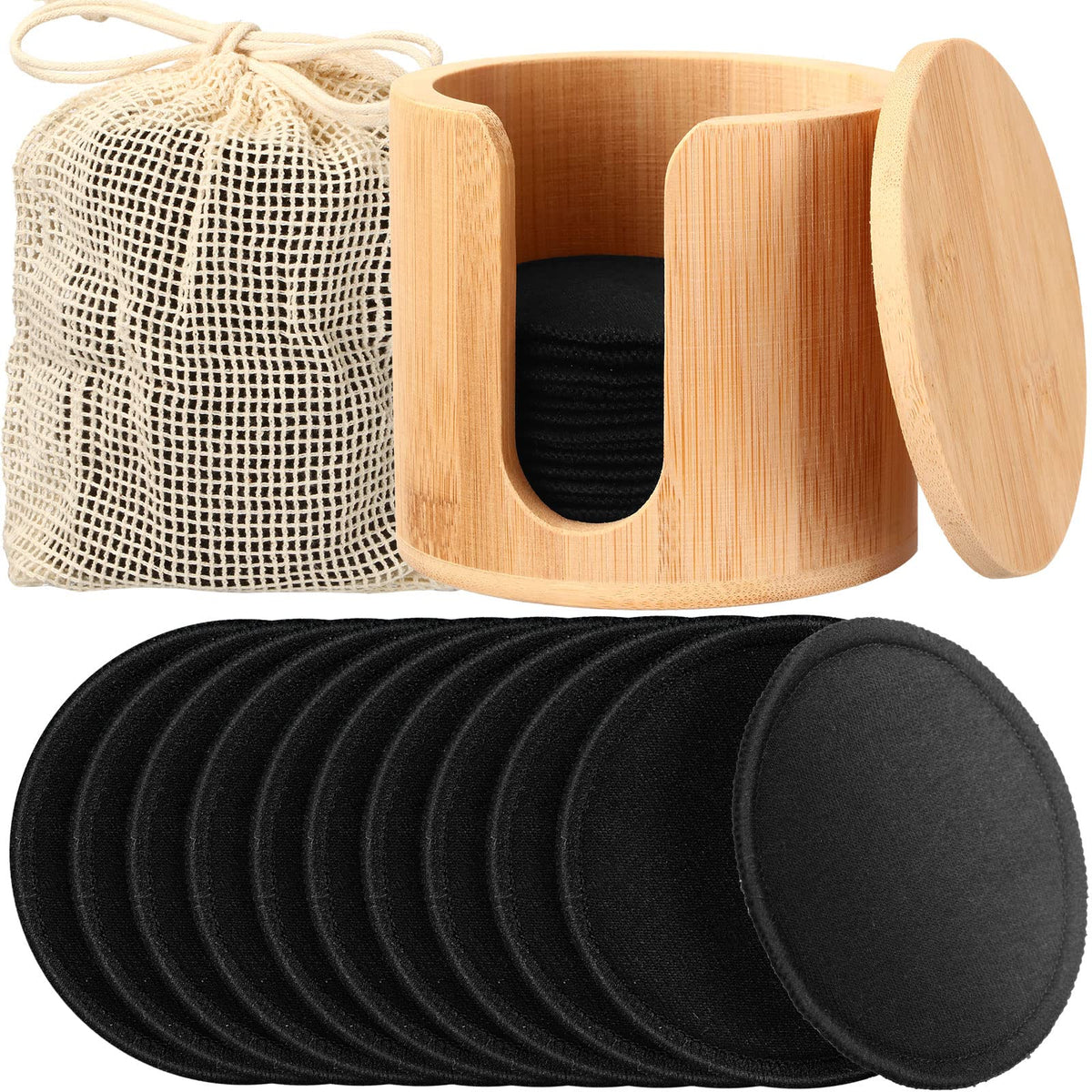 Foaincore 40 Pcs Reusable Cotton Rounds & Bamboo Holder - Black Makeup Remover Pads