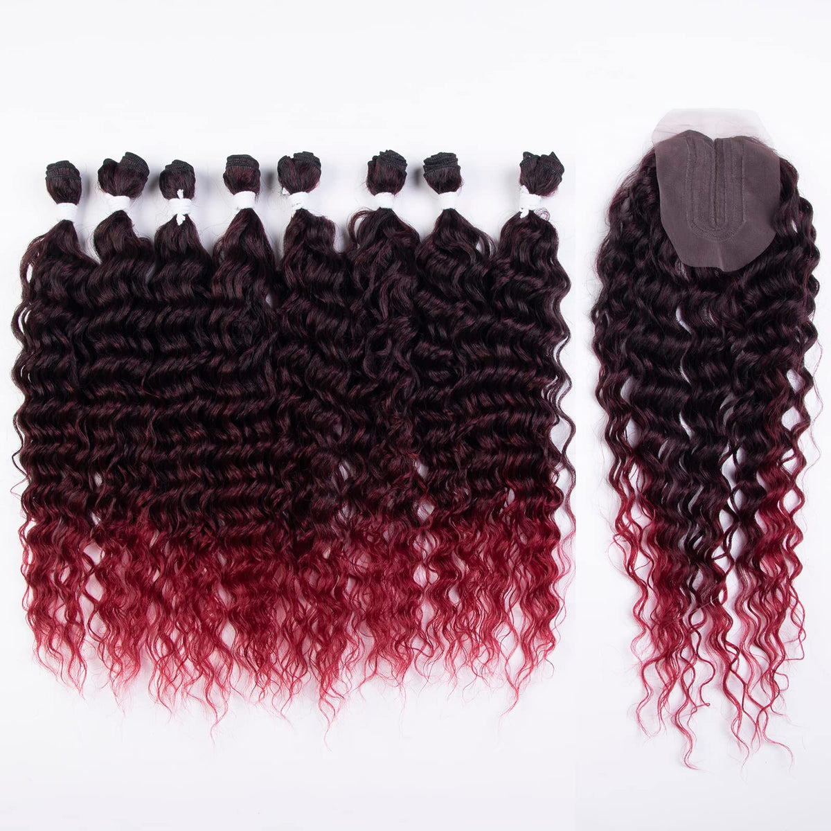 Début 20&quot; Water Wave Synthetic Hair Weave 8 Bundles With Closure, Ombre Red, 240G