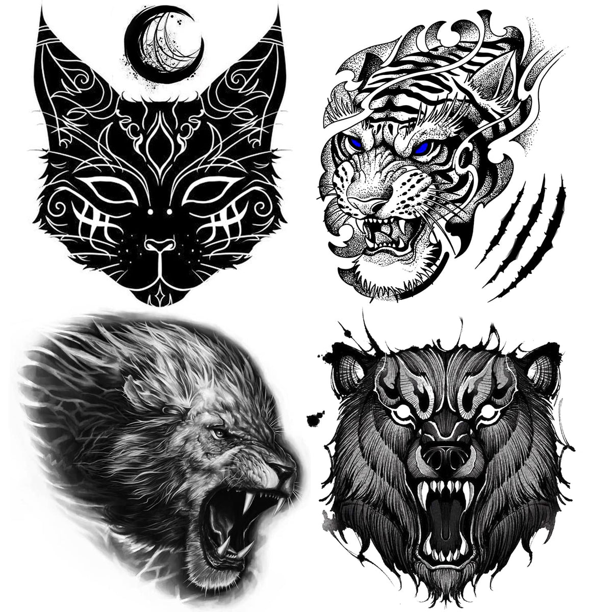 Oottati Waterproof Temporary Tattoo Stickers - 4 Sheets Halloween Bear Tiger Lion Cat Design