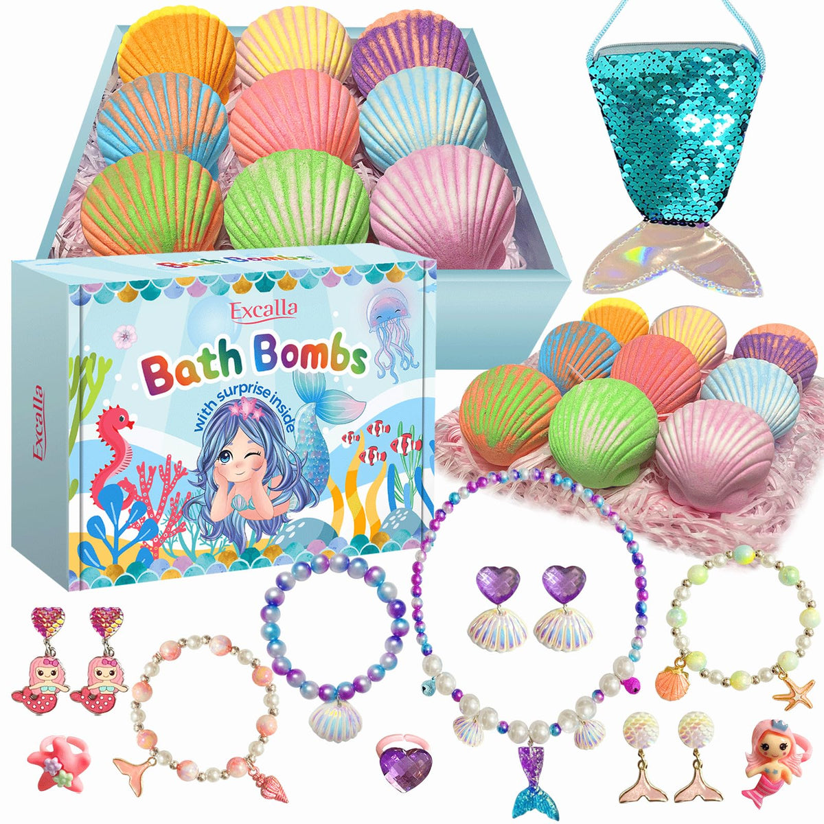 Excalla Mermaid Bath Bombs For Kids, 9 Pcs Fizzy Shells With Surprise Jewelry Toys