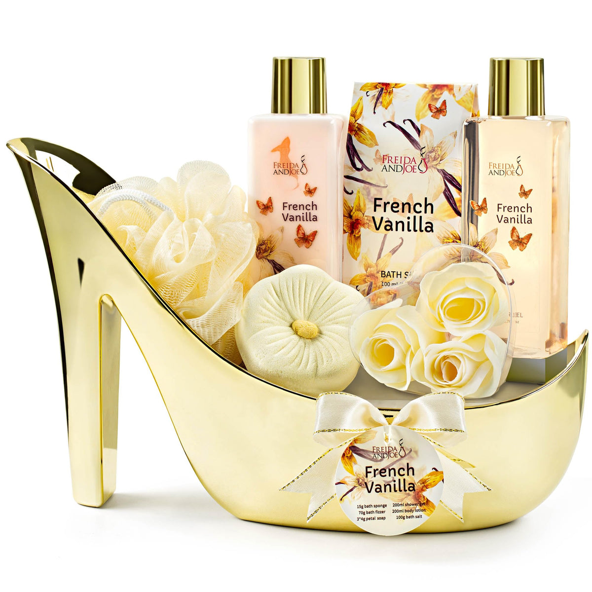 Freida And Joe Elegant Gold High Heel Shoe Bath Set - Shower Gel, Lotion, Salts & Soap Flower