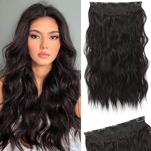 REECHO 20&quot; Clip in Hair Extensions - Wavy Synthetic Hairpieces for Women, Black Brown