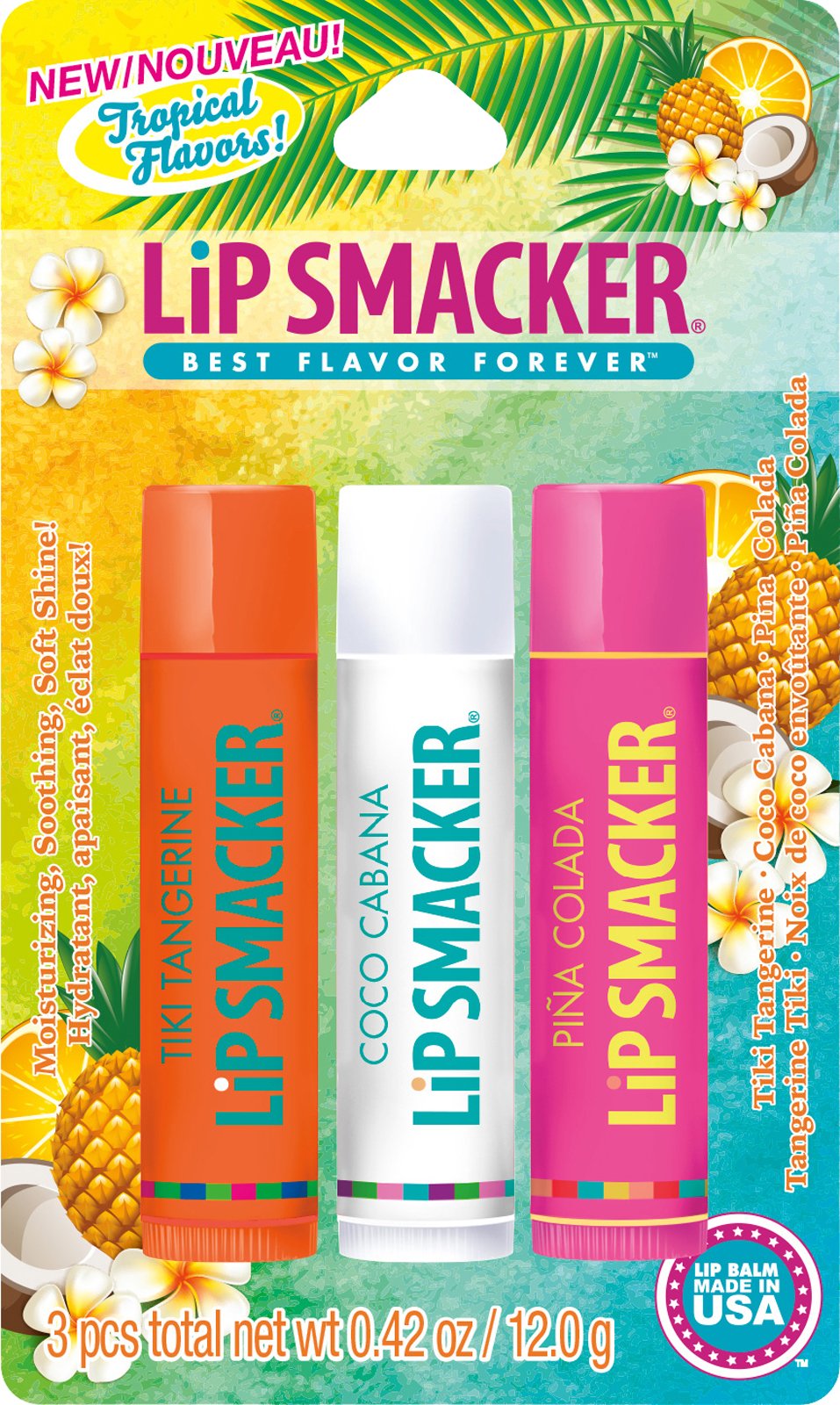 Lip Smackers Tropical Fever Lip Balm Set, Tiki Tangerine & Pina Colada, 3 Pack, 0.14 Oz