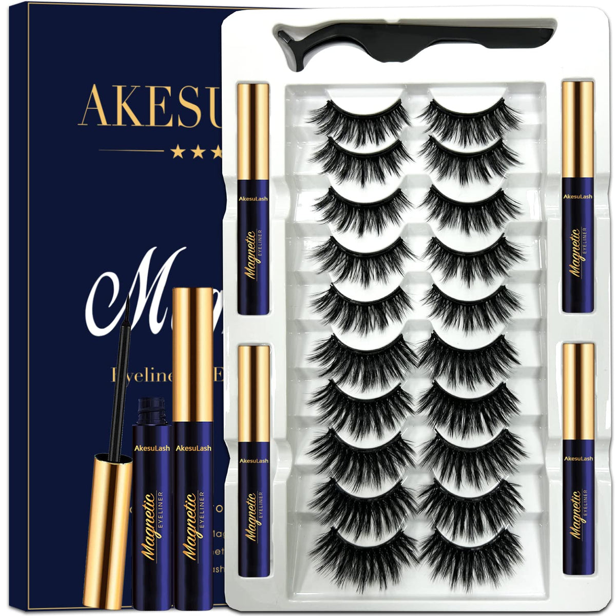 Akesulash 10 Pairs 3D Magnetic Eyelashes With Eyeliner Kit - Reusable, Easy To Apply