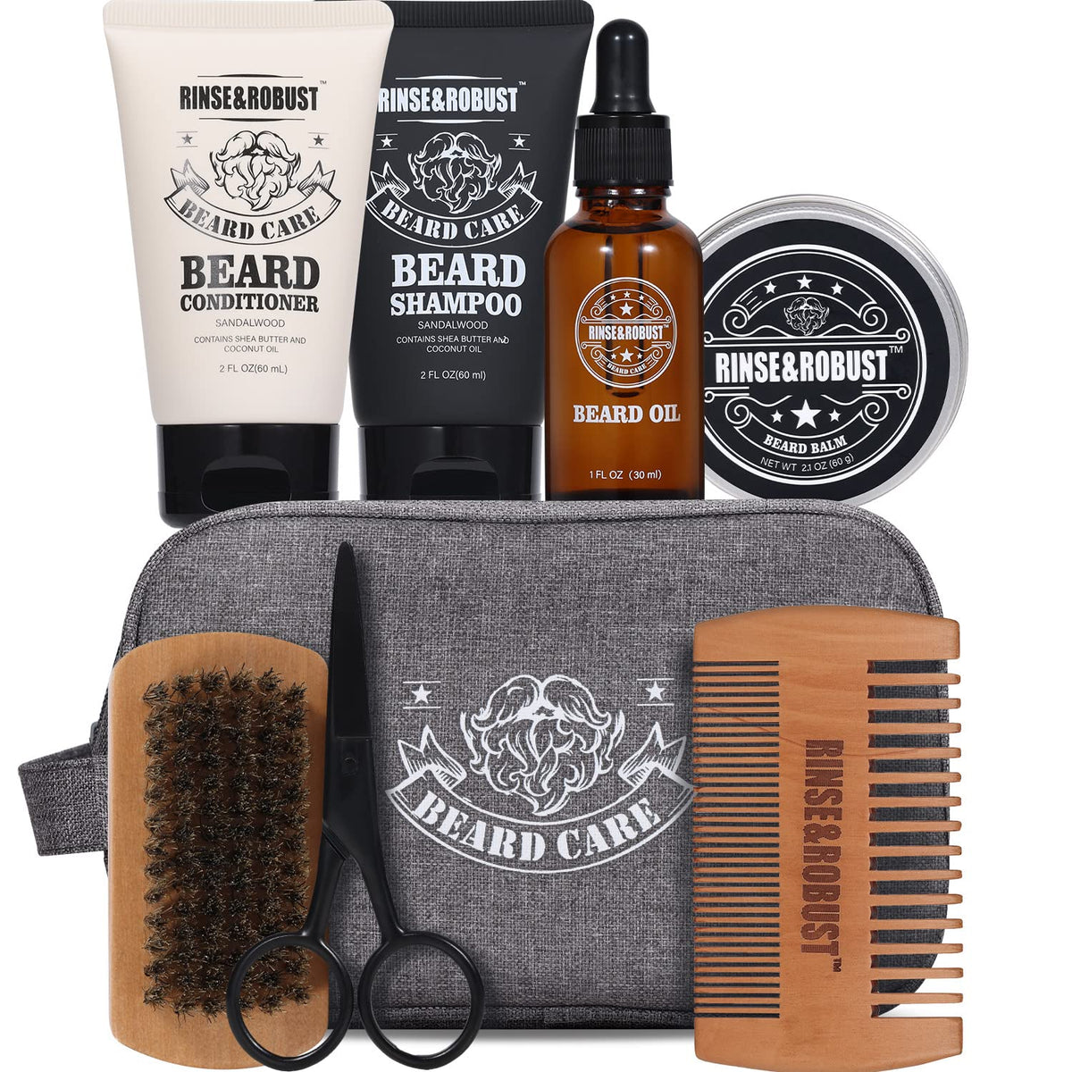 Rinse & Robust Beard Kit - 8 Piece Grooming Set For Men, Travel Bag & Gift For Him