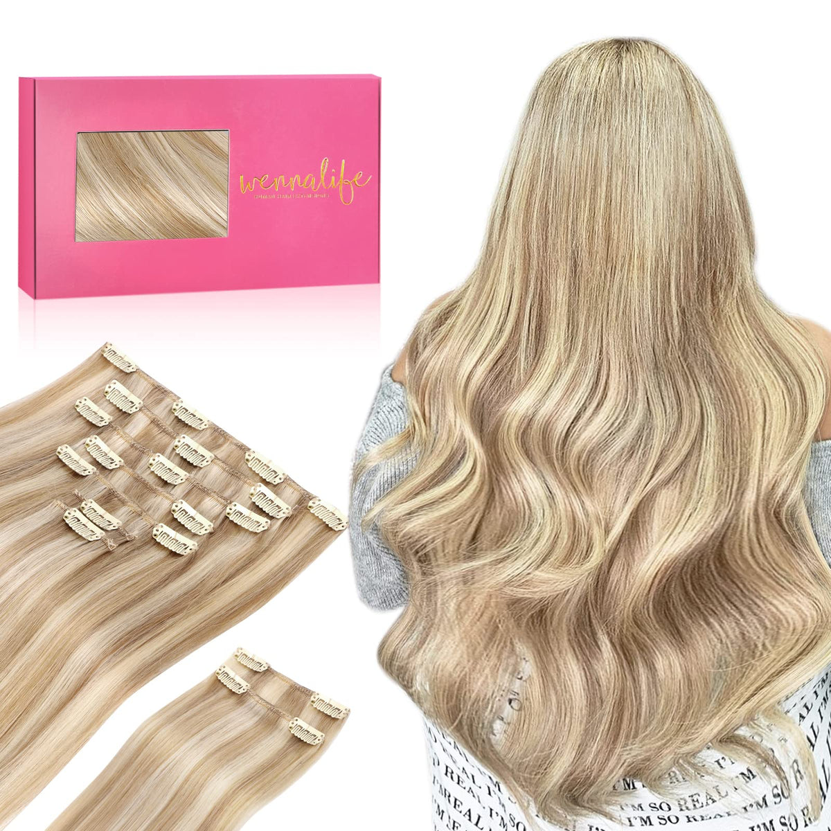 WENNALIFE 20&quot; Clip In Human Hair Extensions, 150g, Dirty Blonde Highlighted Remy Hair