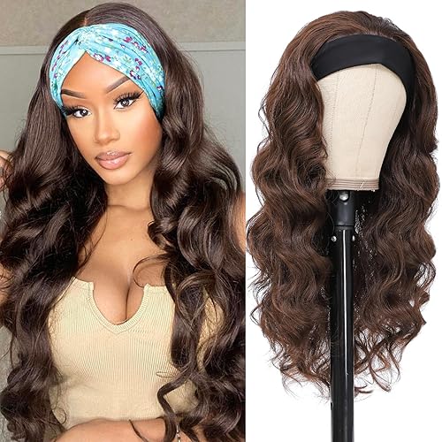 xccoco 24 Inch Brown Headband Wig for Women - Long Wavy Glueless Loose Curly Synthetic Hair